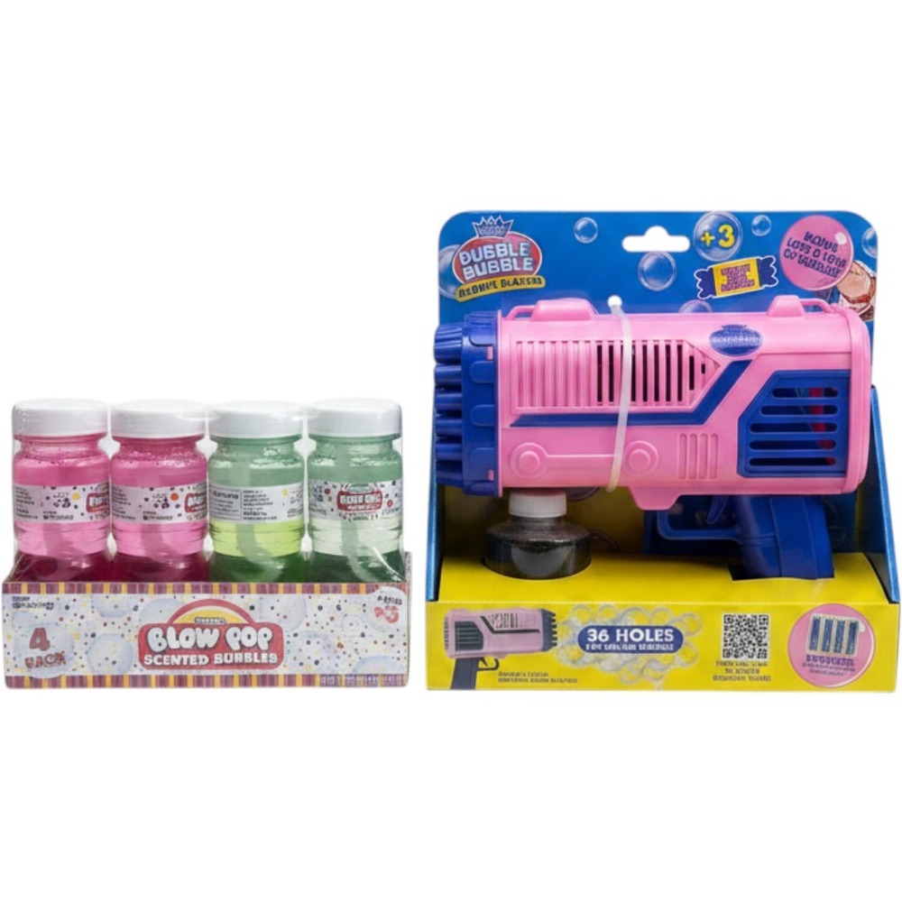 Dubble Bubble Bubble Blaster 36 Hole Gun & Charms Blow Pop Scented Bubbles 4Pack
